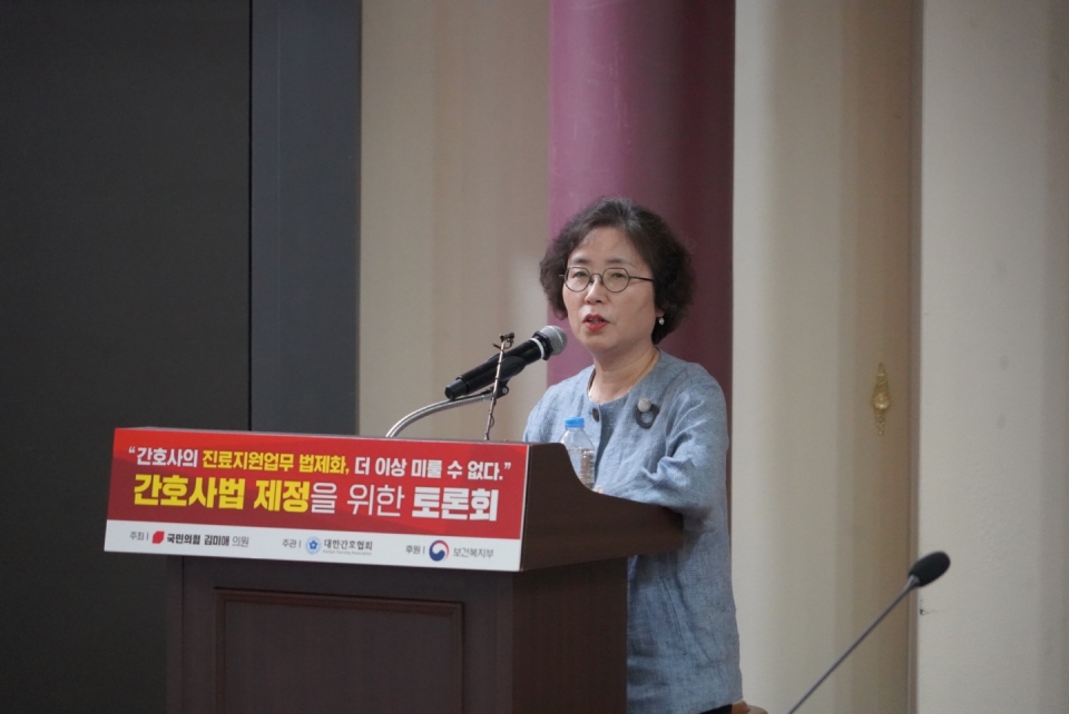 한양대 간호대학 황선영 교수가 2일 국회에서 열린 간호사법 제정 관련 토론회에서 발표를 하고 있다. [사진=대한간호협회 제공]